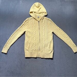 L.L.Bean Womens S Petite Zip Up Hooded Cable Knit Sweater Yellow Cotton